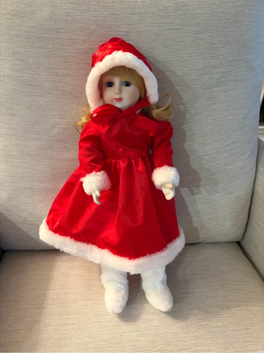 Red Holiday porcelain Girl Doll in Festive Dress - Plush Trim